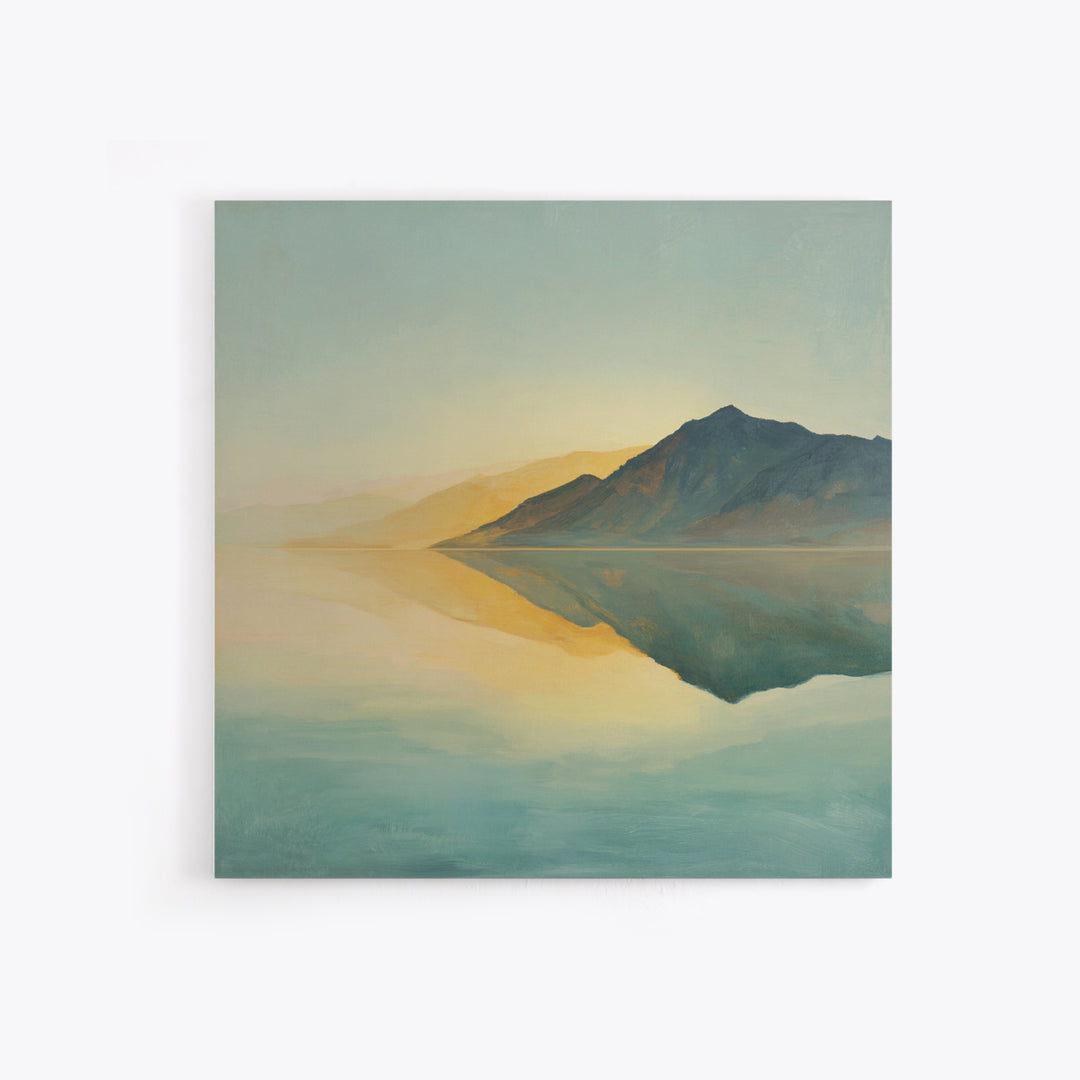 Sunrise Mountain Lake Reflection Framed Canvas Print, Yoga Studio Art, Boho Art, Yoga Studio Decor, Oil Painting, Balance, YSA-1x1-68