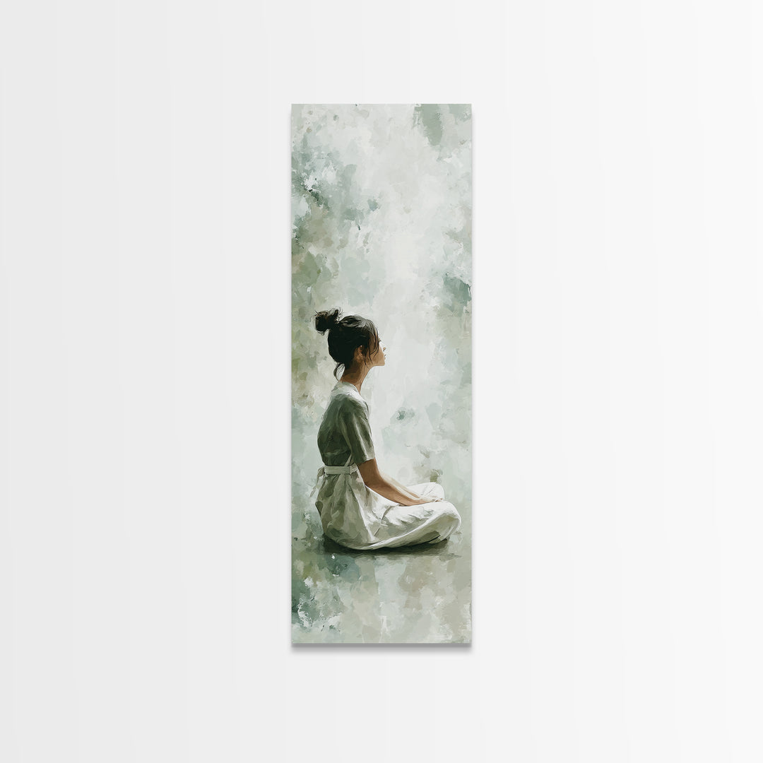 Soft Watercolor Aura Around Seated Figure Framed Canvas Print, Yoga Studio Art, Mandala Wall Art, Yoga Studio Decor, Balance, YSA-1x3-83
