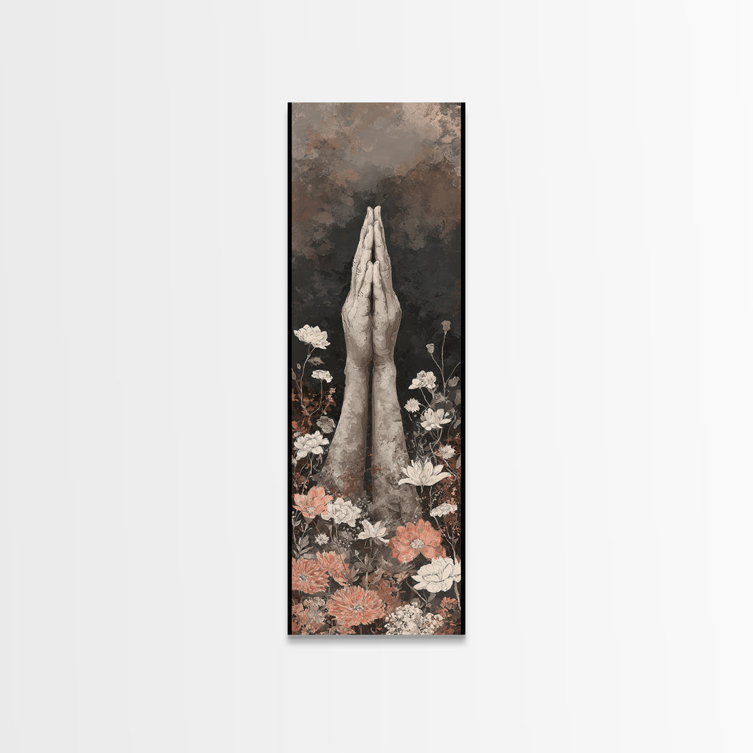Yoga Hands in Prayer with Small Flowers Canvas Print, Yoga Studio Art, Feminine Wall Art, Yoga Studio Decor, Oil Painting, YSA-1x3-95