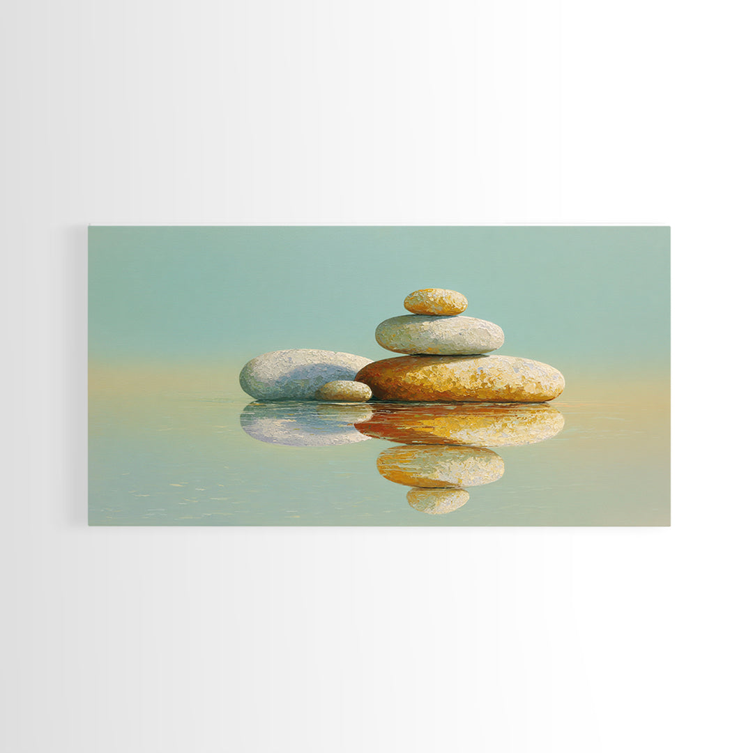 Balanced Stones Beside Calm Water Framed Canvas Print, Yoga Studio Art, Living Room Wall Art, Yoga Studio Decor, Balance, YSA-2x1-72