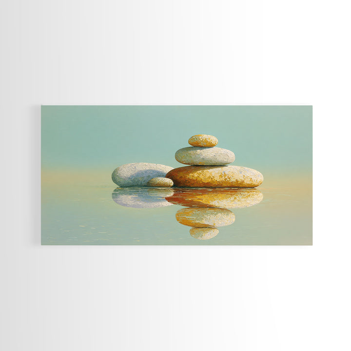 Balanced Stones Beside Calm Water Framed Canvas Print, Yoga Studio Art, Living Room Wall Art, Yoga Studio Decor, Balance, YSA-2x1-72