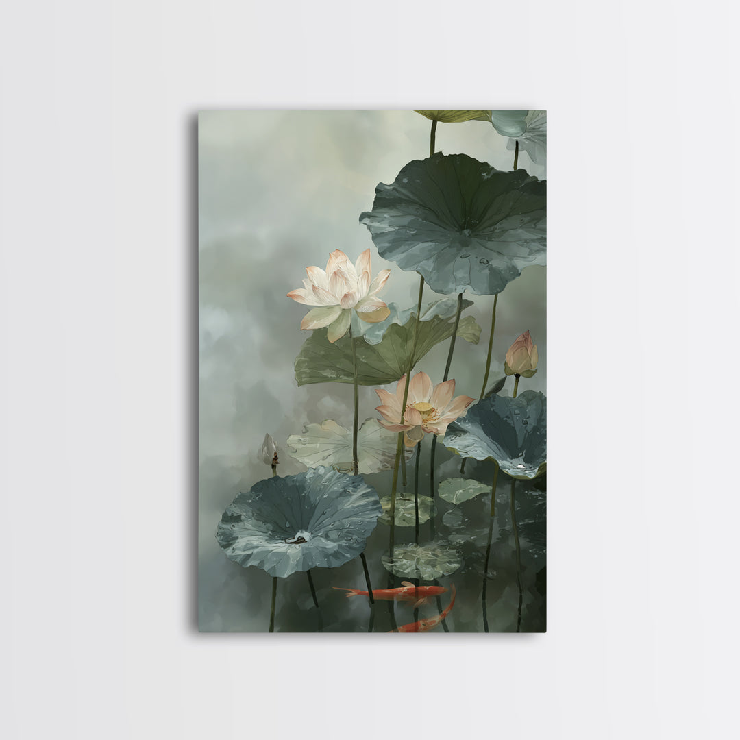 Lotus and Koi Water Scene Framed Canvas Print, Yoga Studio Art, Boho Decor, Yoga Studio Decor, Balance, Bookshelf Decor, YSA-2x3-30