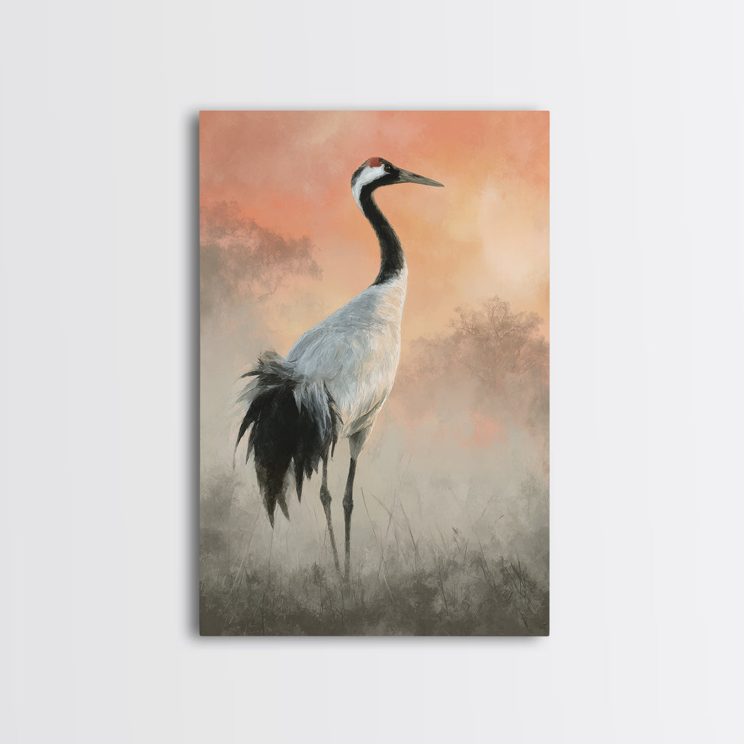 White Crane in Misty Morning Canvas Print, Yoga Studio Art, Mandala Wall Art, Yoga Studio Decor, Oil Painting, Balance, YSA-2x3-95