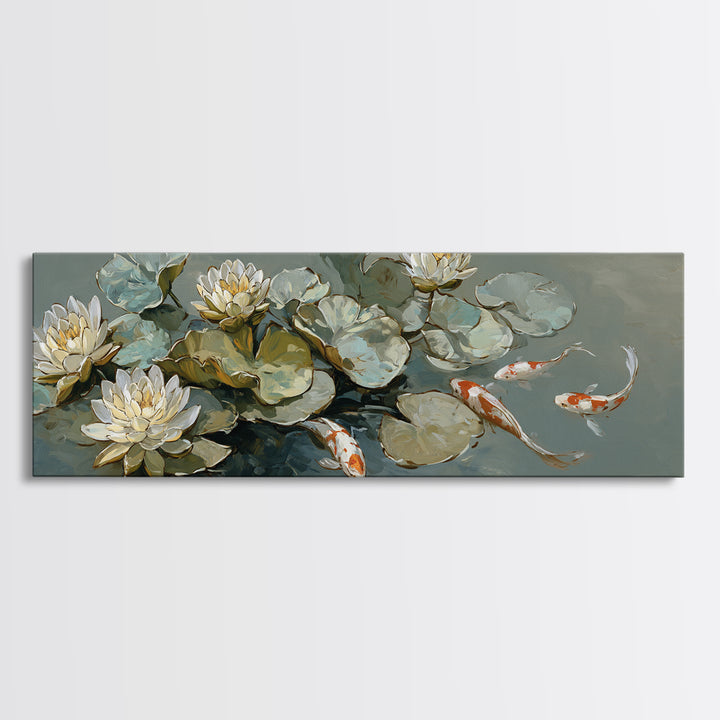 Lotus and Koi Water Scene Canvas Print, Yoga Studio Art, Boho Wall Hanging, Yoga Studio Decor, Fine Art, Balance, YSA-3x1-14