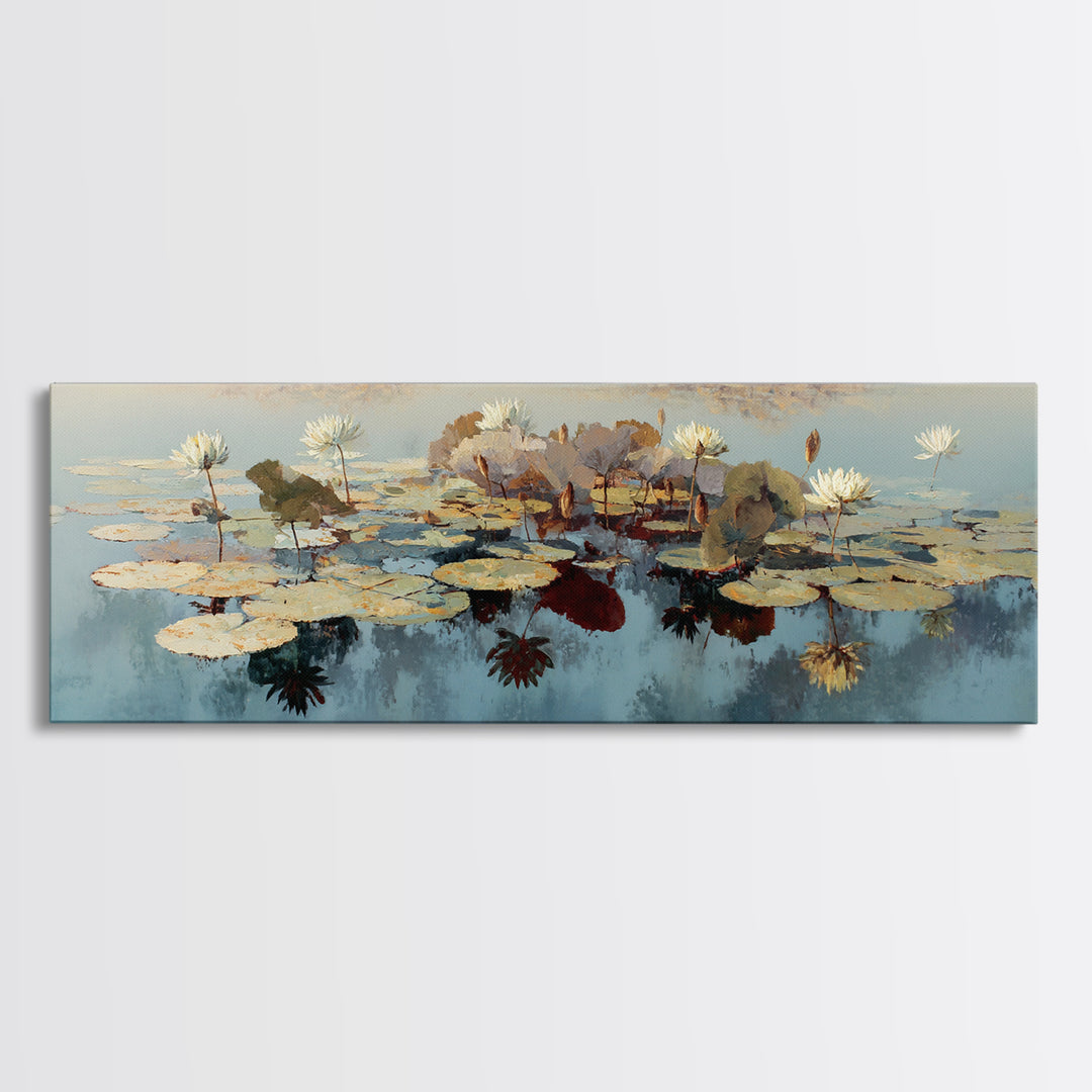 Lotus and Koi Water Scene Canvas Print, Yoga Studio Art, Gallery Decor, Yoga Studio Decor, Oil Painting, Balance, YSA-3x1-62