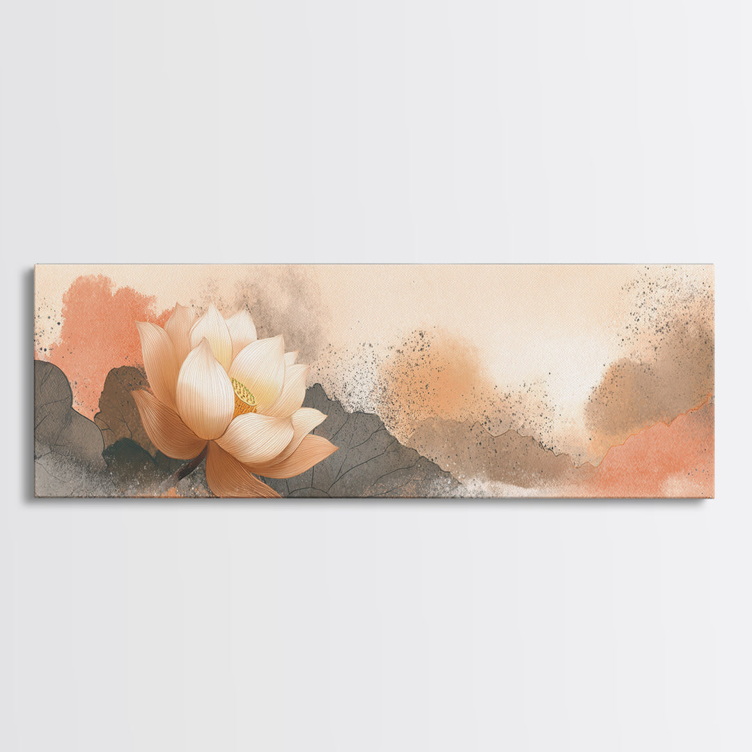Lotus Flower with Soft Golden Glow Framed Canvas Print, Yoga Studio Art, Wall Art Print, Yoga Studio Decor, Fine Art, Balance, YSA-3x1-67