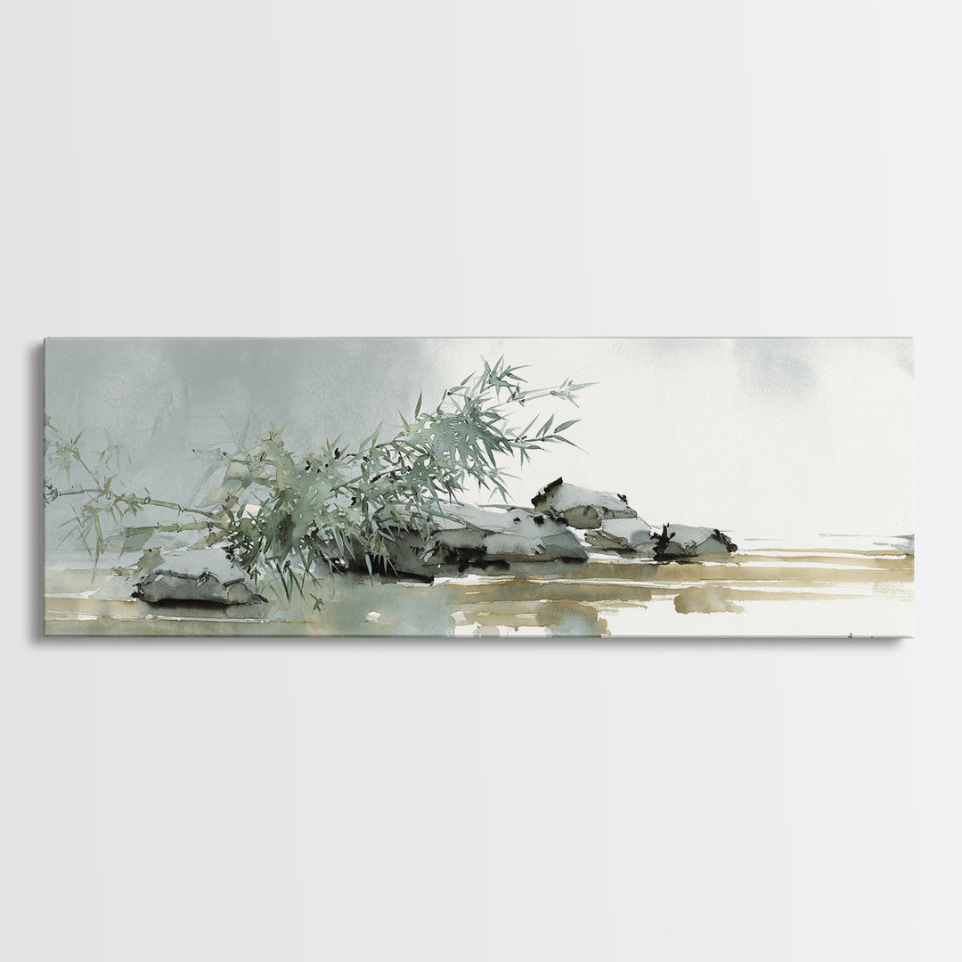 Bamboo and Mist Ink Wash Composition Framed Canvas Print, Yoga Studio Art, Nature Prints, Yoga Studio Decor, Oil Painting, YSA-3x1-74