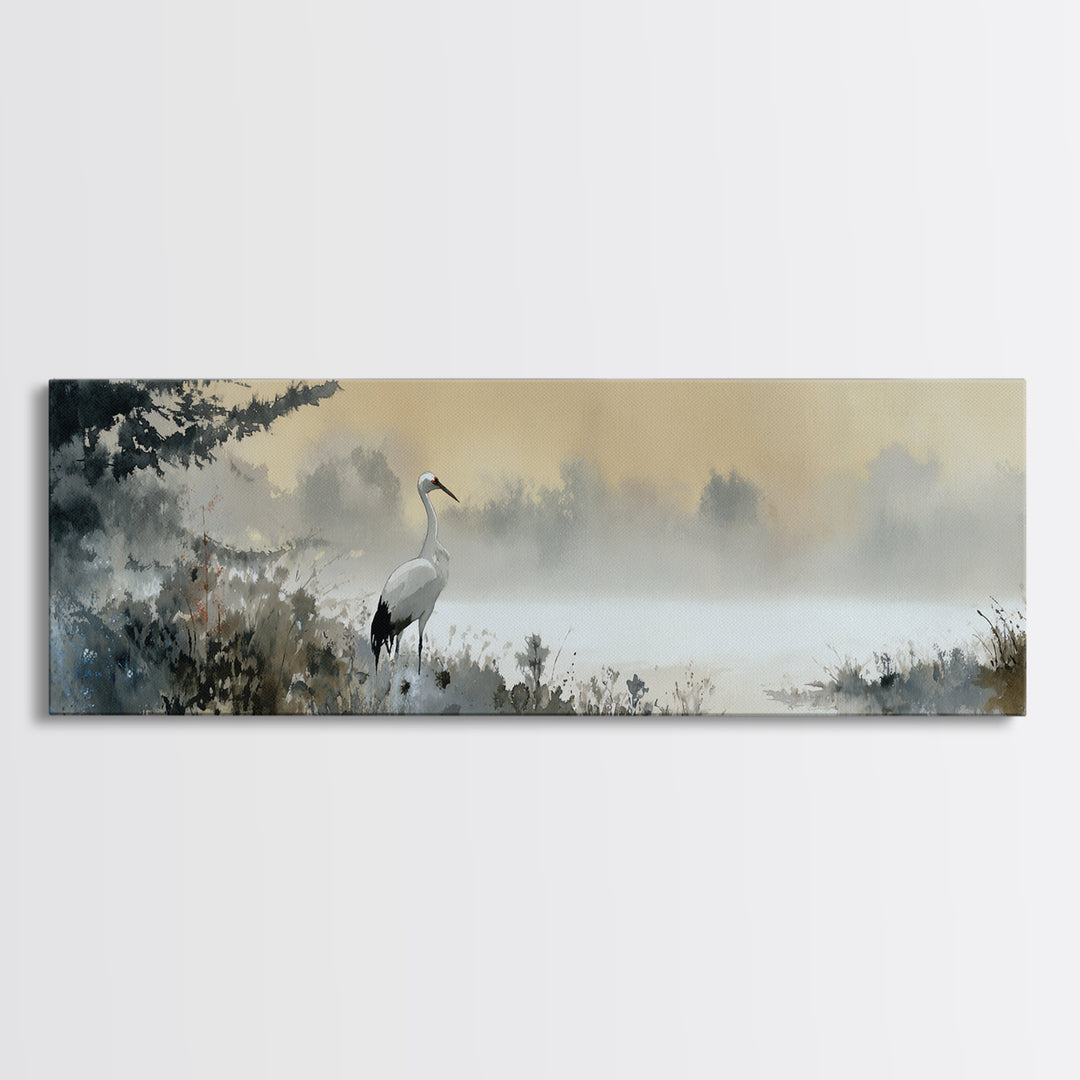White Crane in Misty Morning Framed Canvas Print, Yoga Studio Art, Minimalist Wall Art, Yoga Studio Decor, Oil Painting, YSA-3x1-79