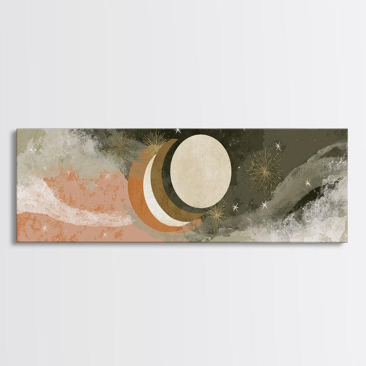 Crescent Moon and Stars Framed Canvas Print, Yoga Studio Art, Metal Wall Decor, Yoga Studio Decor, Fine Art, Balance, YSA-3x1-82