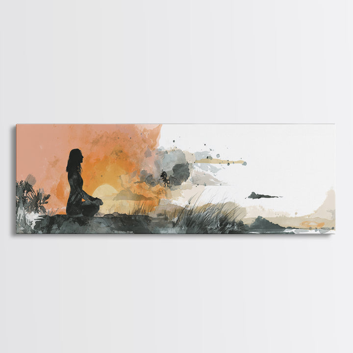 Seated Meditation Figure Framed Canvas Print, Yoga Studio Art, Boho Wall Hanging, Yoga Studio Decor, Fine Art, Balance, YSA-3x1-89