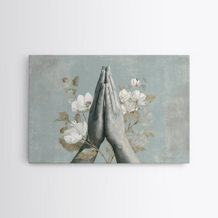 Yoga Hands in Prayer with Small Flowers Canvas Print, Yoga Studio Art, Living Room Wall Art, Yoga Studio Decor, Balance, YSA-3x2-15