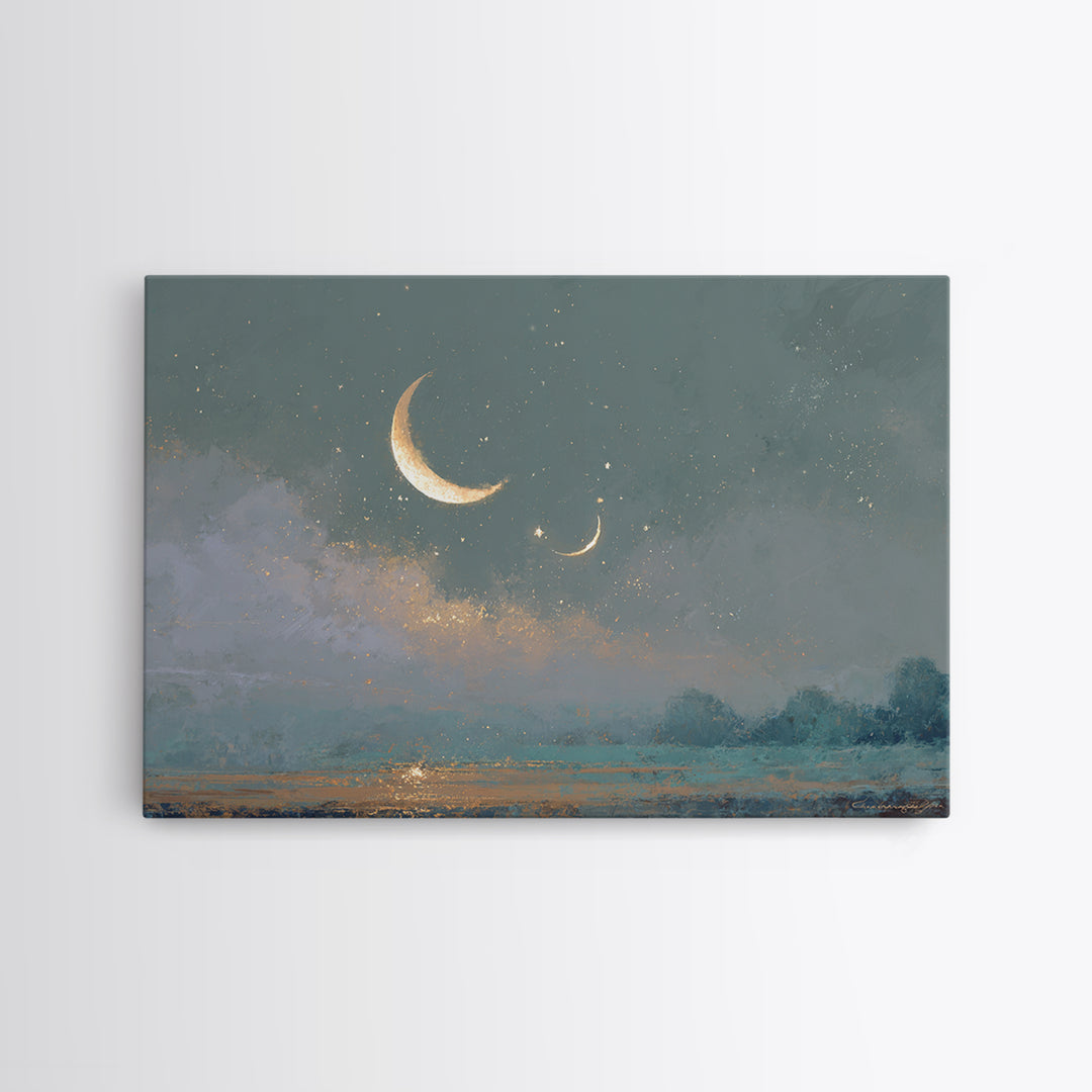 Crescent Moon and Stars Framed Canvas Print, Yoga Studio Art, Large Wall Decor, Yoga Studio Decor, Fine Art, Balance, YSA-3x2-46