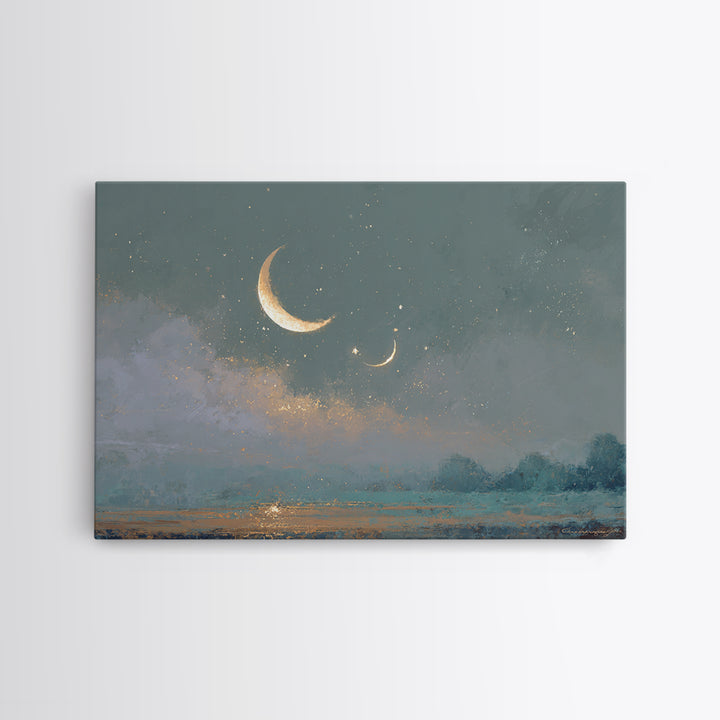 Crescent Moon and Stars Framed Canvas Print, Yoga Studio Art, Large Wall Decor, Yoga Studio Decor, Fine Art, Balance, YSA-3x2-46
