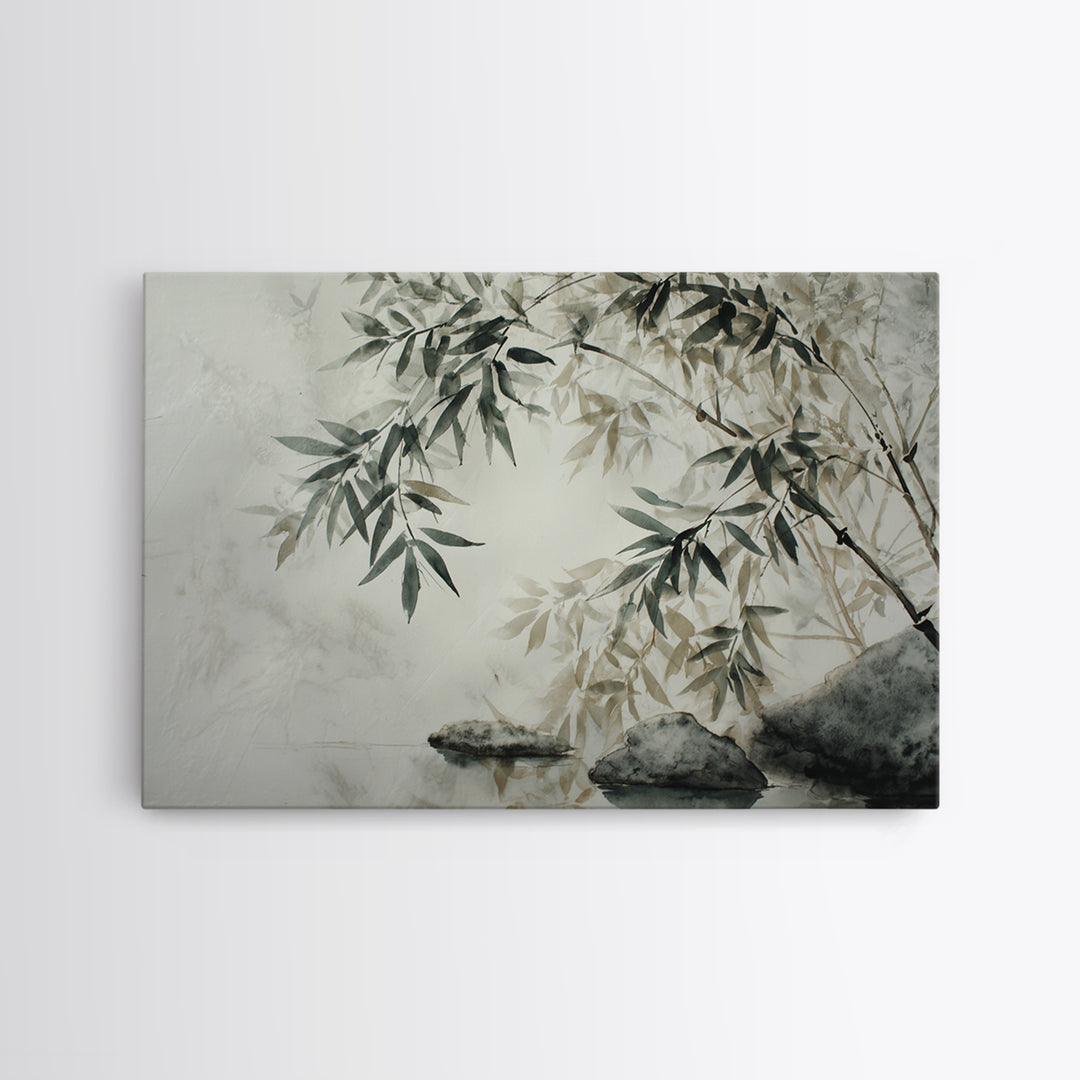 Bamboo and Mist Ink Wash Composition Canvas Print, Yoga Studio Art, Metal Wall Decor, Yoga Studio Decor, Fine Art, Balance, YSA-3x2-62