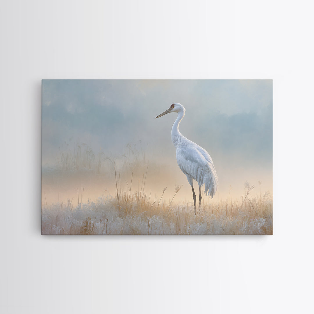 White Crane in Misty Morning Framed Canvas Print, Yoga Studio Art, Art Print, Yoga Studio Decor, Oil Painting, Balance, YSA-3x2-91