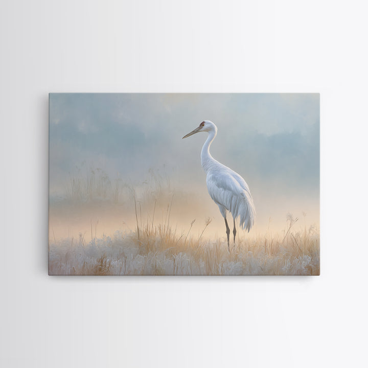 White Crane in Misty Morning Framed Canvas Print, Yoga Studio Art, Art Print, Yoga Studio Decor, Oil Painting, Balance, YSA-3x2-91