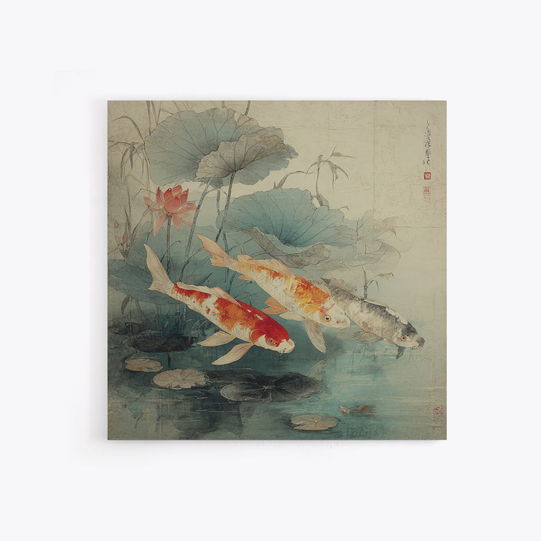 Koi Fish Beneath Floating Lotus Leaves Framed Canvas Print, Zen Art, Metal Wall Art, Living Room Decor, Oil Painting, Zen, ZEN-1x1-28