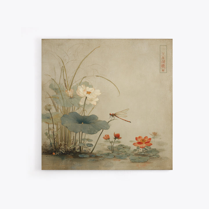 Dragonfly over Lotus Pond Framed Canvas Print, Zen Art, Japandi Wall Art, Living Room Decor, Fine Art, Zen, Neutral Decor, ZEN-1x1-64