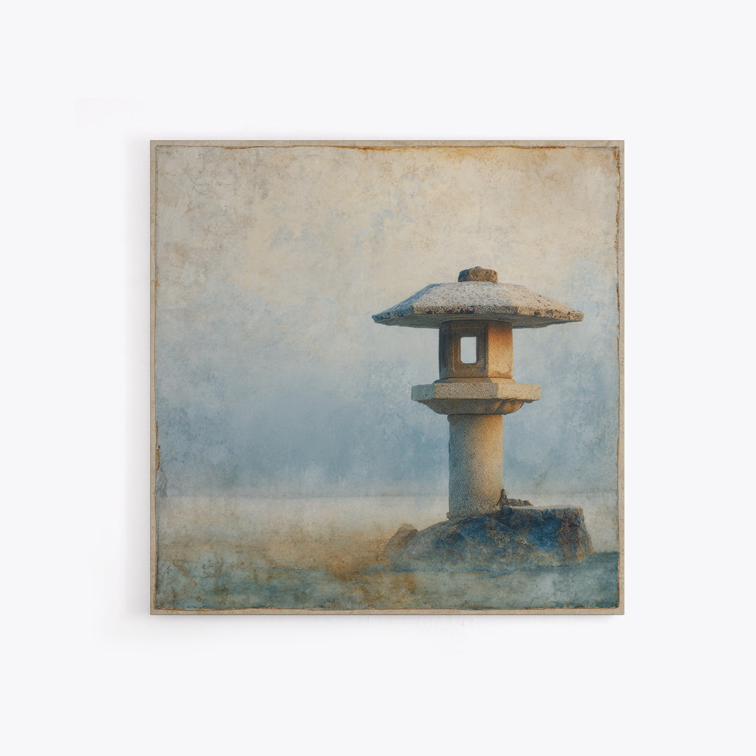 Stone Lantern in Morning Fog Without Garden Framed Canvas Print, Zen Art, Contemporary Art, Living Room Decor, Fine Art, Zen, ZEN-1x1-66