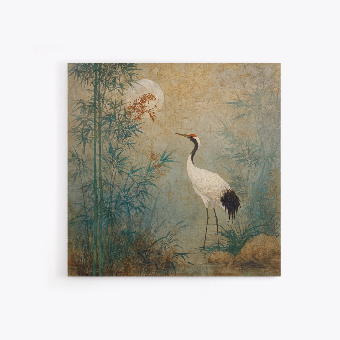 White Crane Standing Framed Canvas Print, Zen Art, Luxury Decor, Living Room Decor, Oil Painting, Zen, Large Wall Art, ZEN-1x1-79