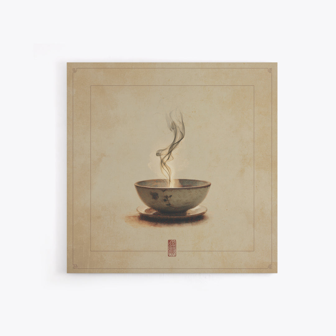 Tea Bowl with Steam Rising Gently Framed Canvas Print, Zen Art, Statement Artwork, Living Room Decor, Fine Art, Zen, ZEN-1x1-80