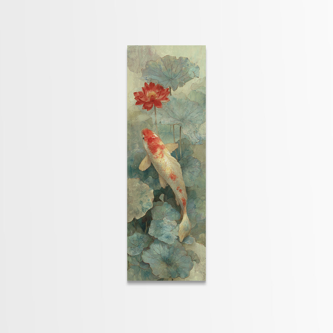 Koi Fish Beneath Floating Lotus Leaves Canvas Print, Zen Art, Abstract Art, Living Room Decor, Watercolor Art, Zen, ZEN-1x3-16