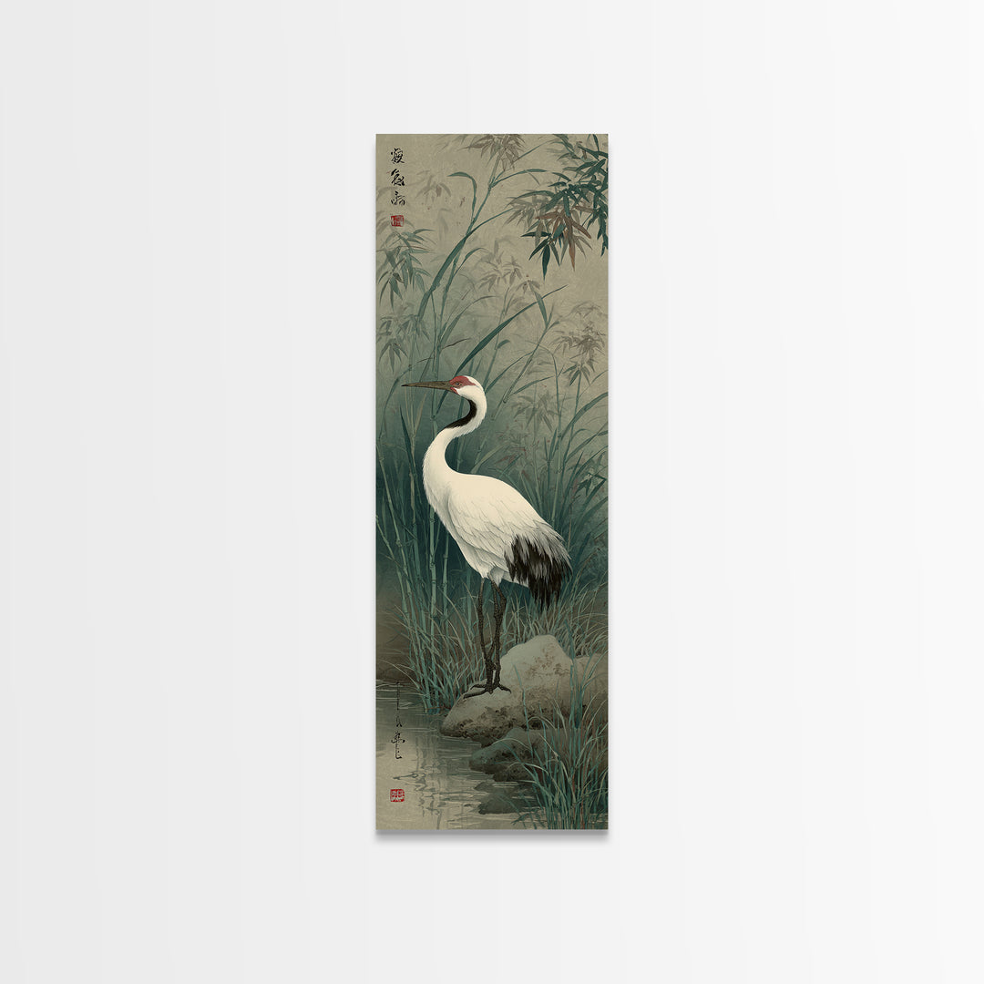 White Crane Standing Framed Canvas Print, Zen Art, Extra Large Wall Art, Living Room Decor, Fine Art, Zen, Boho Decor, ZEN-1x3-19