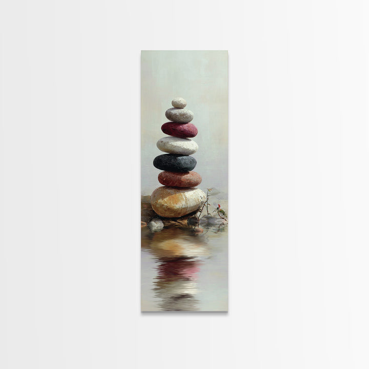 Stacked Stones Beside Still Water Framed Canvas Print, Zen Art, Wall Decor, Living Room Decor, Fine Art, Zen, Japanese Wall Art, ZEN-1x3-87