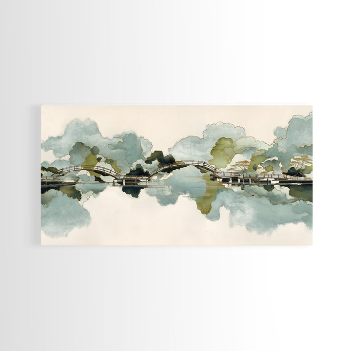 Japanese Garden Bridge Implied Through Shapes Framed Canvas Print, Zen Art, Art Print, Living Room Decor, Watercolor Art, Zen, ZEN-2x1-10