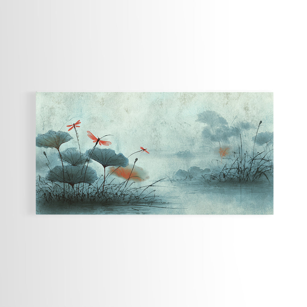 Dragonfly over Lotus Pond Framed Canvas Print, Zen Art, Room Decor, Living Room Decor, Fine Art, Zen, Canvas Wall Art, ZEN-2x1-12