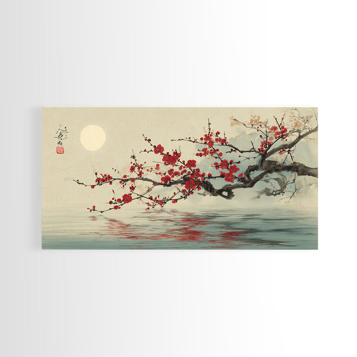 Black Branch with One Red Blossom Framed Canvas Print, Zen Art, Japanese Wall Art, Living Room Decor, Watercolor Art, Zen, ZEN-2x1-29