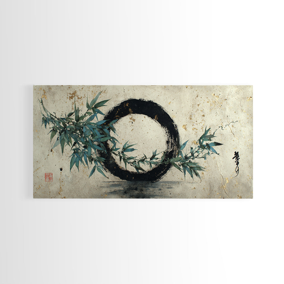 Single Black Ens Circle on Warm Paper Framed Canvas Print, Zen Art, Japandi Wall Art, Living Room Decor, Fine Art, Zen, ZEN-2x1-45