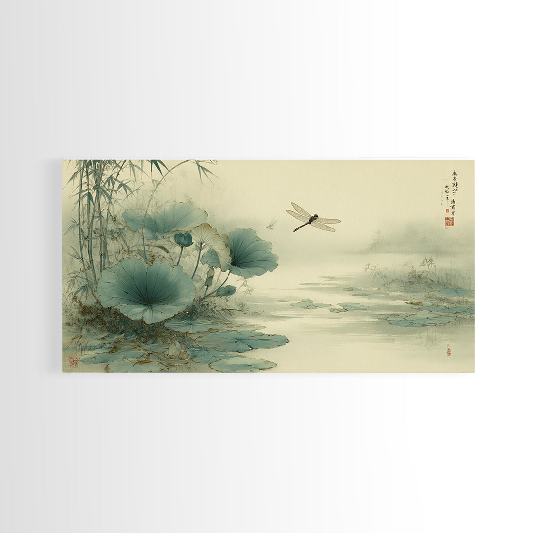 Dragonfly over Lotus Pond Framed Canvas Print, Zen Art, Large Wall Art, Living Room Decor, Oil Painting, Zen, Beach Decor, ZEN-2x1-60