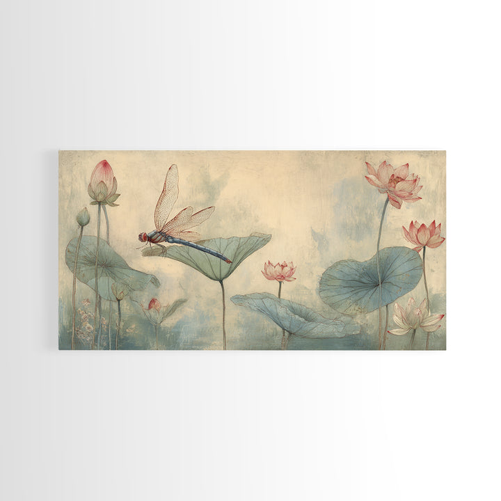 Dragonfly over Lotus Pond Framed Canvas Print, Zen Art, Japandi Wall Art, Living Room Decor, Fine Art, Zen, Neutral Decor, ZEN-2x1-84