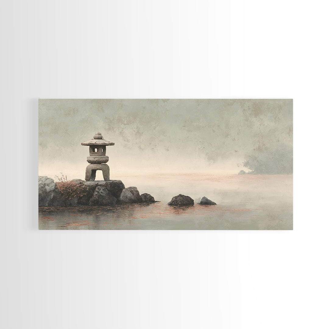 Stone Lantern in Morning Fog Without Garden Framed Canvas Print, Zen Art, Digital Print, Living Room Decor, Fine Art, Zen, ZEN-2x1-86