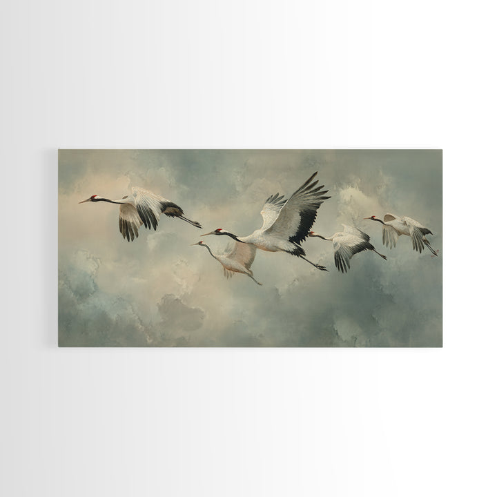 Crane Flying Across Pale Sun Framed Canvas Print, Zen Art, Japanese Wall Art, Living Room Decor, Oil Painting, Zen, ZEN-2x1-92
