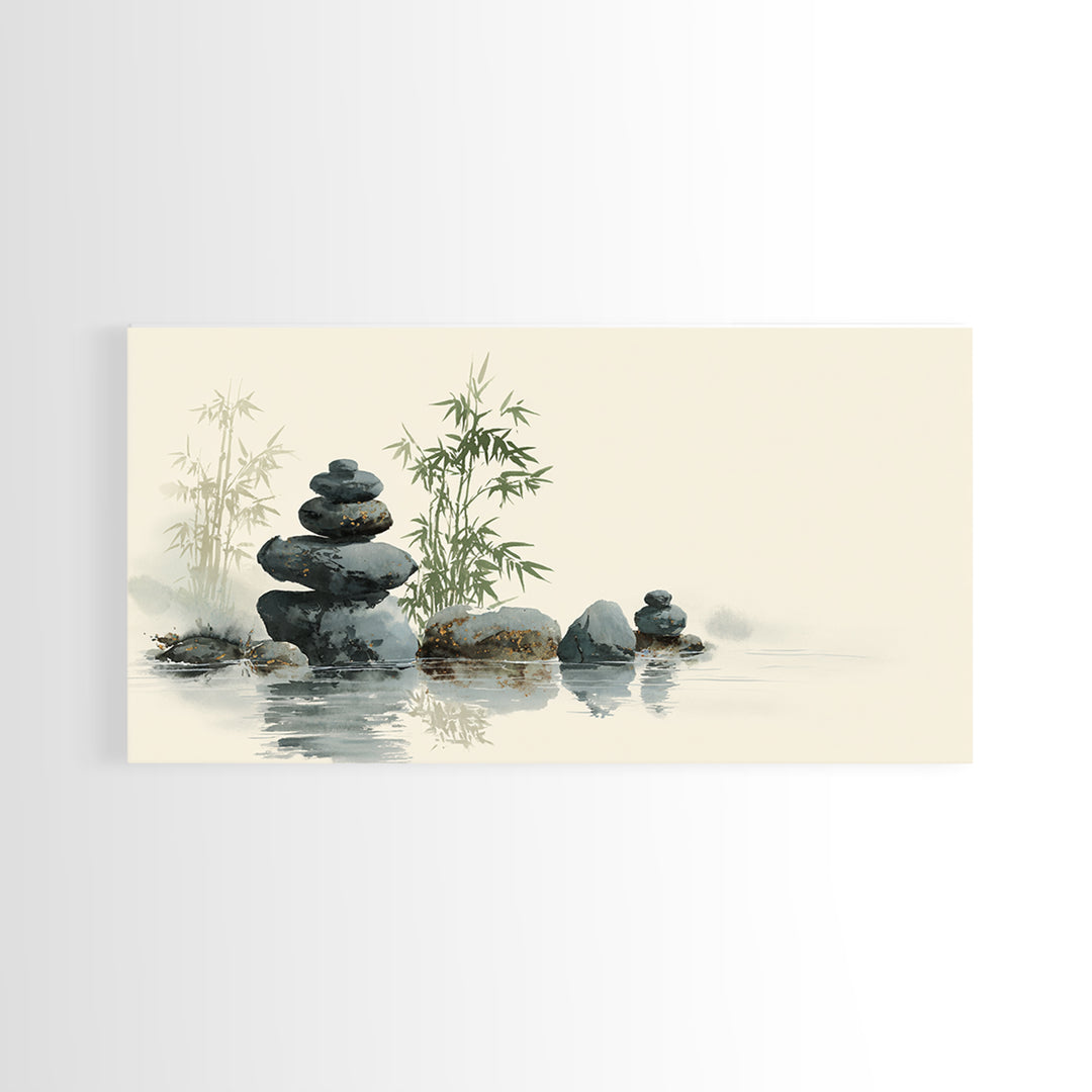 Stacked Stones Beside Still Water Framed Canvas Print, Zen Art, Statement Artwork, Living Room Decor, Fine Art, Zen, ZEN-2x1-95