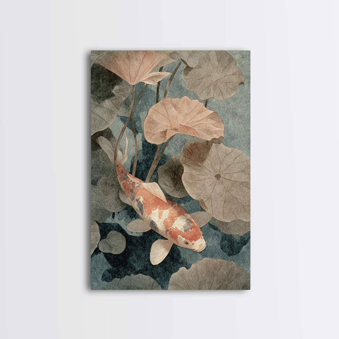 Koi Fish Beneath Floating Lotus Leaves Framed Canvas Print, Zen Art, Japanese Wall Art, Living Room Decor, Oil Painting, Zen, ZEN-2x3-12