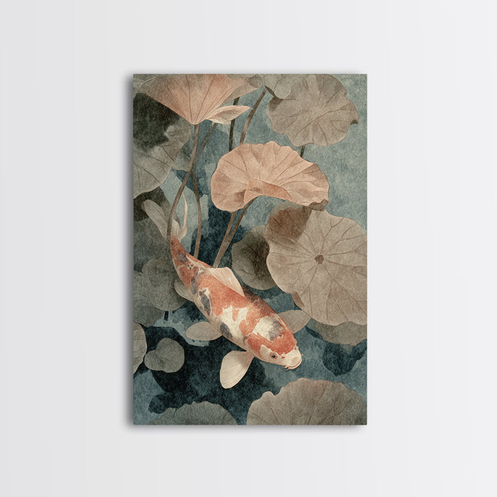 Koi Fish Beneath Floating Lotus Leaves Framed Canvas Print, Zen Art, Japanese Wall Art, Living Room Decor, Oil Painting, Zen, ZEN-2x3-12