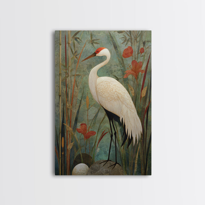 White Crane Standing Canvas Print, Zen Art, Abstract Art, Living Room Decor, Zen, Wabi Sabi Wall Art, Extra Large Wall Art, ZEN-2x3-15