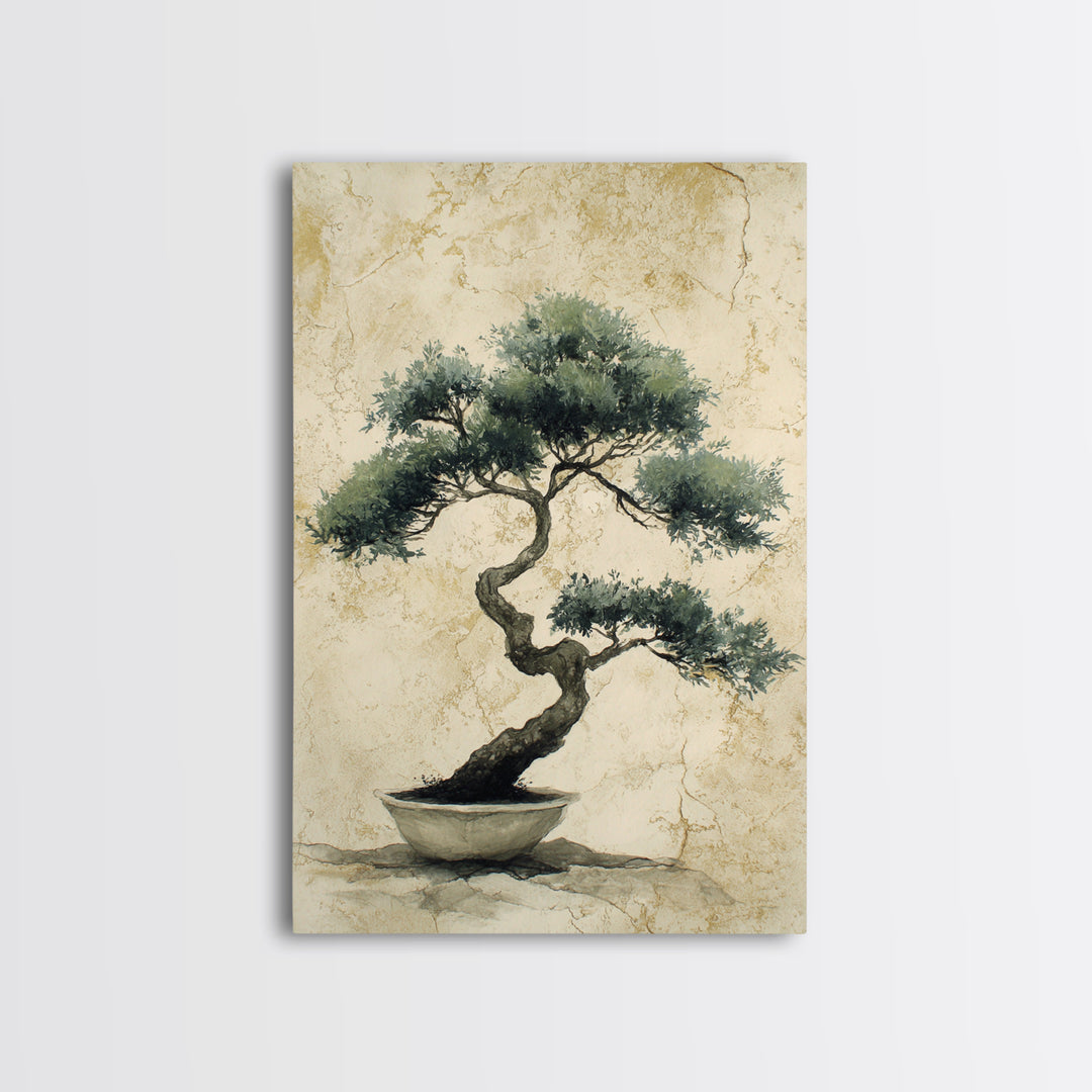 Bonsai Tree in Simple Ceramic Pot Framed Canvas Print, Zen Art, Extra Large Wall Art, Living Room Decor, Oil Painting, Zen, ZEN-2x3-20