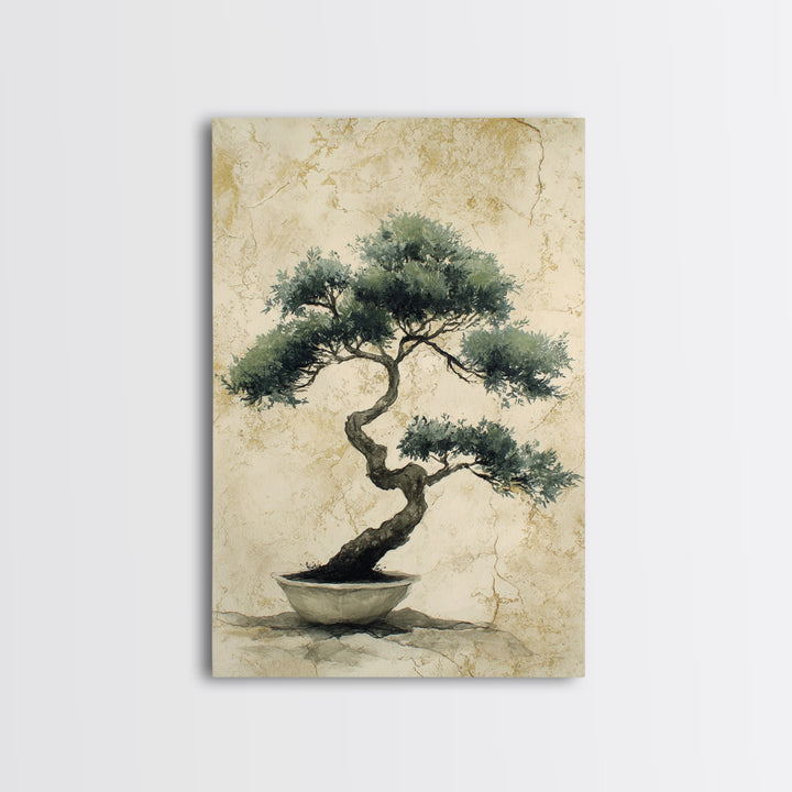Bonsai Tree in Simple Ceramic Pot Framed Canvas Print, Zen Art, Extra Large Wall Art, Living Room Decor, Oil Painting, Zen, ZEN-2x3-20