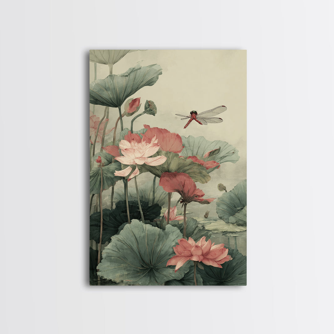 Dragonfly over Lotus Pond Framed Canvas Print, Zen Art, Minimalist Decor, Living Room Decor, Fine Art, Zen, Printable Art, ZEN-2x3-24