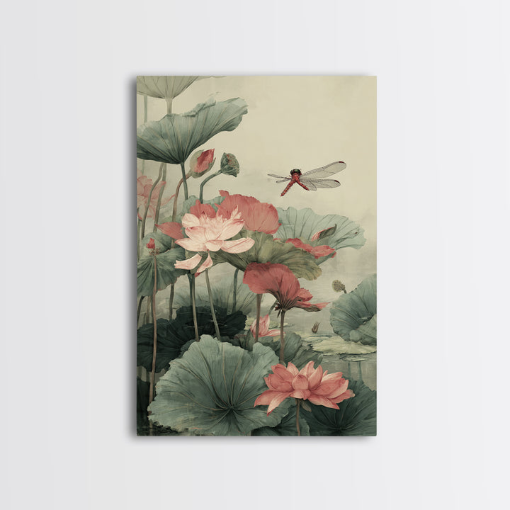 Dragonfly over Lotus Pond Framed Canvas Print, Zen Art, Minimalist Decor, Living Room Decor, Fine Art, Zen, Printable Art, ZEN-2x3-24