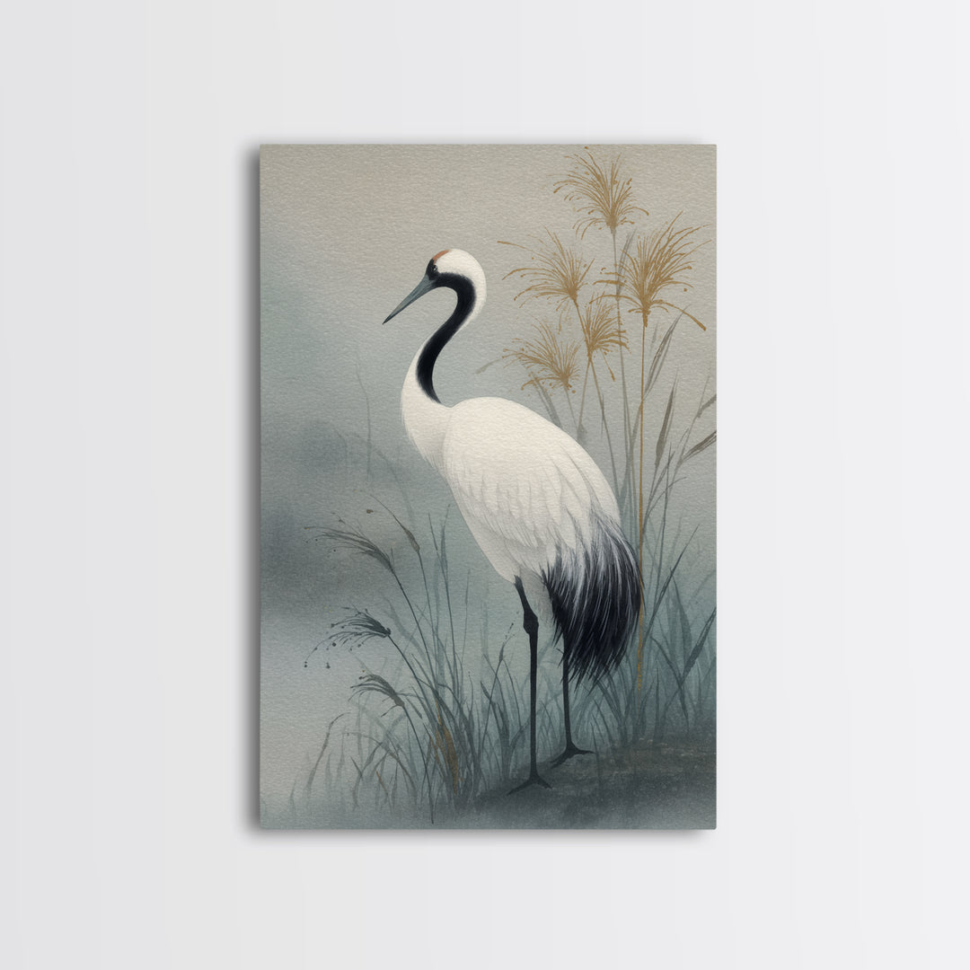 White Crane Standing Canvas Print, Zen Art, Minimalist Wall Art, Living Room Decor, Zen, Fine Art Print, Statement Artwork, ZEN-2x3-39