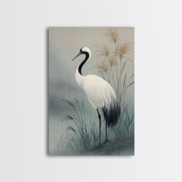 White Crane Standing Canvas Print, Zen Art, Minimalist Wall Art, Living Room Decor, Zen, Fine Art Print, Statement Artwork, ZEN-2x3-39