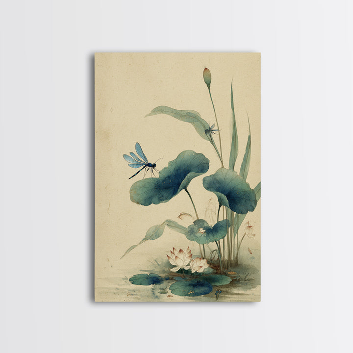 Dragonfly over Lotus Pond Framed Canvas Print, Zen Art, Living Room Decor, Watercolor Art, Zen, Extra Large Wall Art, ZEN-2x3-48