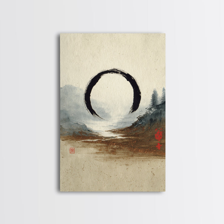 Single Black Ens Circle on Warm Paper Canvas Print, Zen Art, Wabi Sabi Art, Living Room Decor, Oil Painting, Zen, ZEN-2x3-57