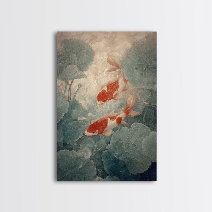 Koi Fish Beneath Floating Lotus Leaves Framed Canvas Print, Zen Art, Japandi Wall Art, Living Room Decor, Fine Art, Zen, ZEN-2x3-60