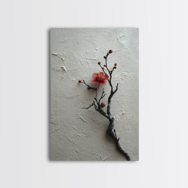 Black Branch with One Red Blossom Canvas Print, Zen Art, Japanese Decor, Living Room Decor, Oil Painting, Zen, Luxury Decor, ZEN-2x3-65